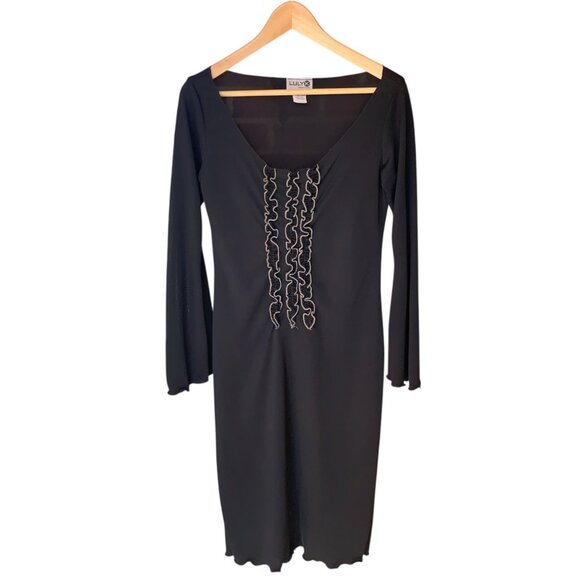 Vintage Luly K Sheer Black Midi Dress With Ruffle Front Bell Sleeves Sz L Witchy - Picture 1 of 16